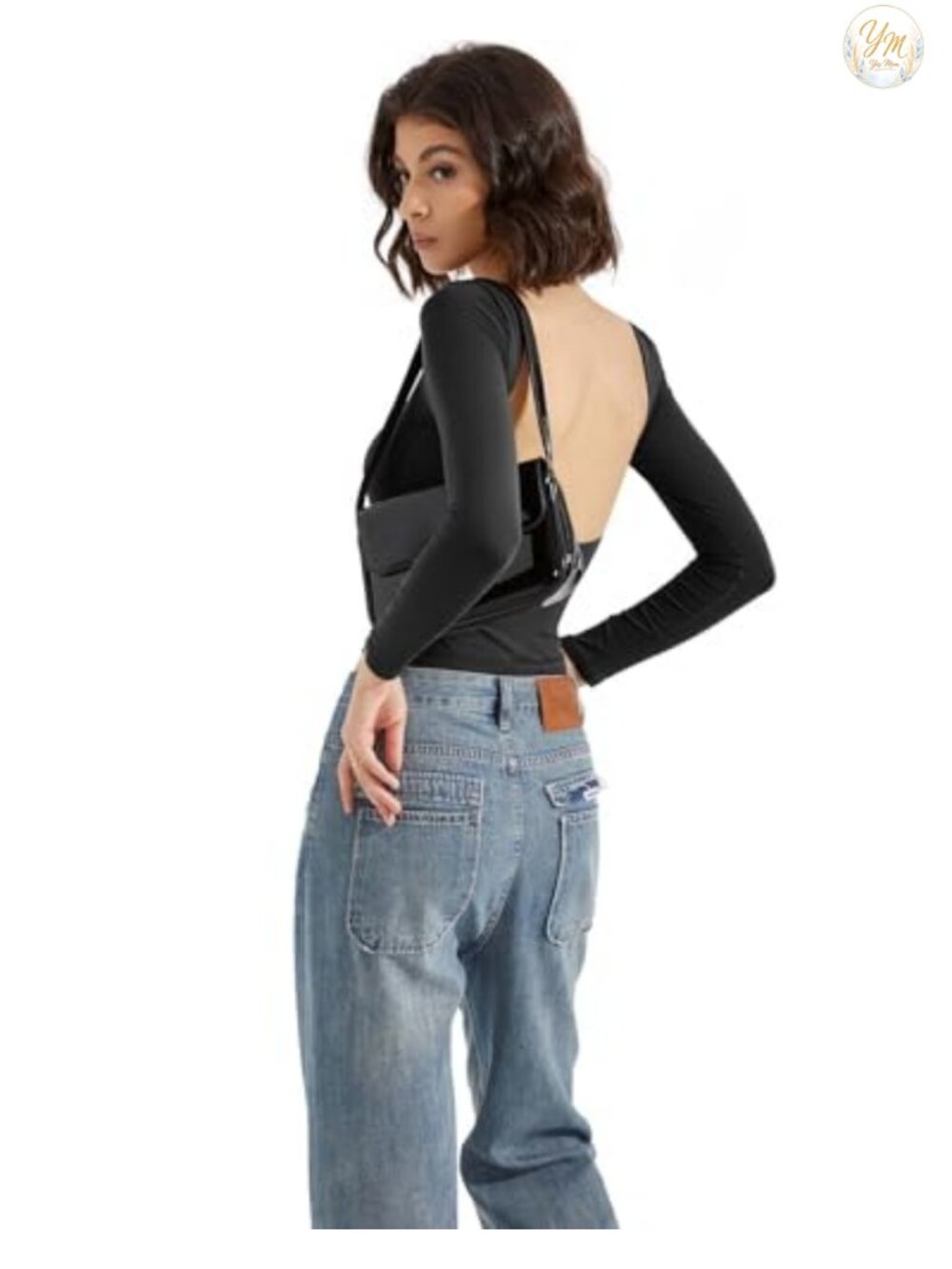 Double Lined Backless Going Out Top Long Sleeve Boat Neck Fitted Tee - Picture 5 of 6